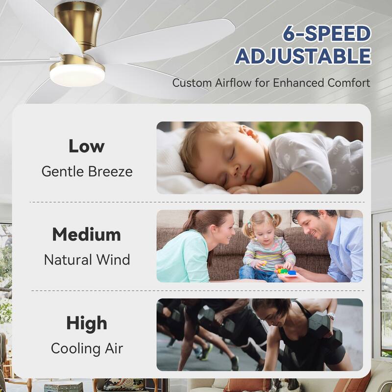 36/42/48 inches Flush Mount Ceiling Fan with Light and Remote ,Gold Base with White Blades for Bedroom Living Room