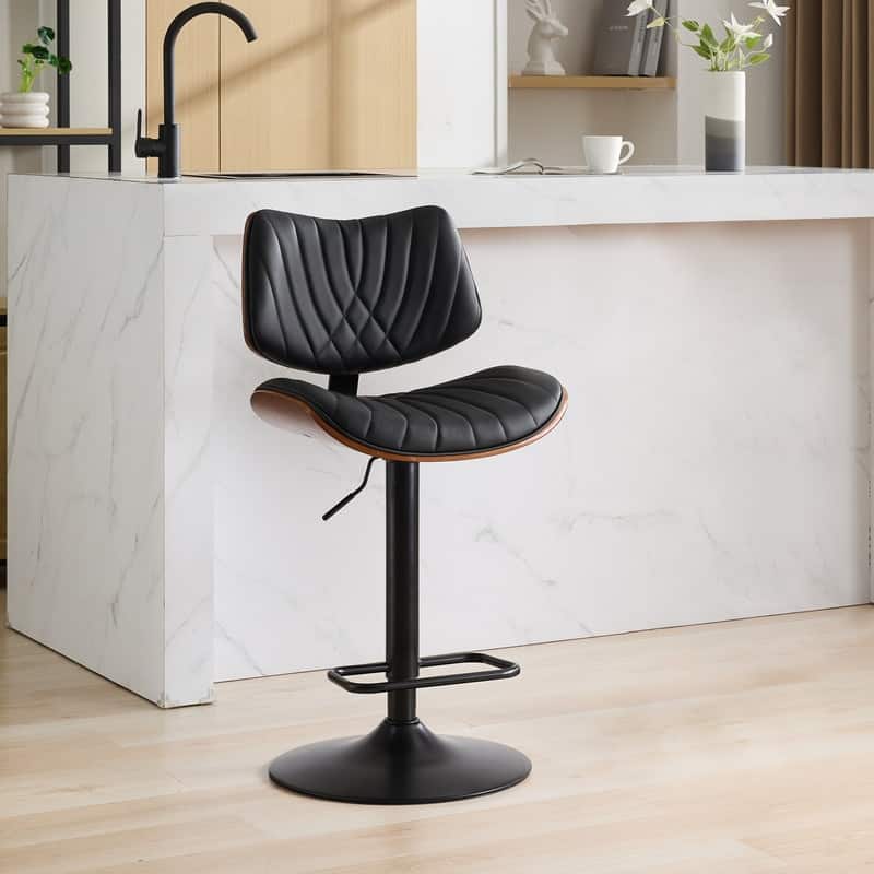 Mid-Century Modern Swivel Bar Stool - Walnut Finish & Faux Leather, Adjustable Counter Height