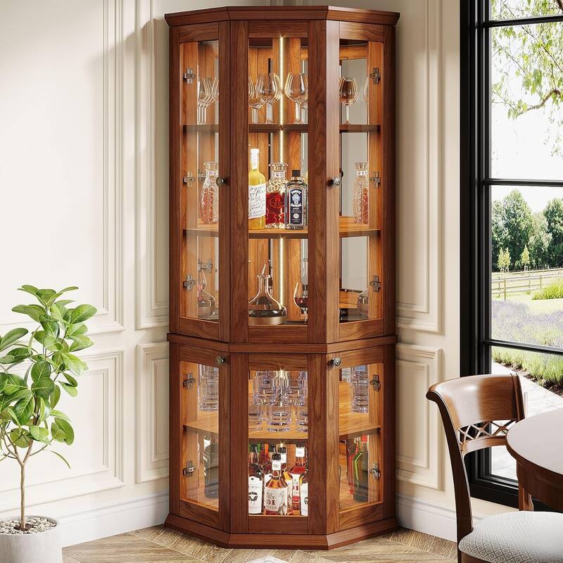 71 Inches Brown Wood Corner Bar Cabinet, 5-Tier Wine Cabinet with Doors & LED Lights for Living Room - Brown