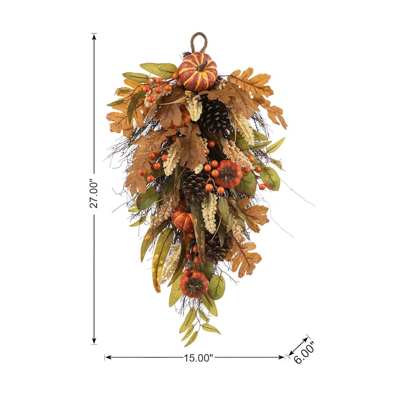 Glitzhome 24"D Fall Pumpkin Leaf Floral Swag Wreath Garland Thanksgiving Decor