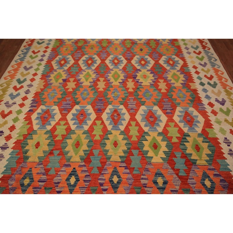 Reversible Kilim Area Rug Hand-Woven Oriental Orange Wool Carpet - 8'4" x 9'9"