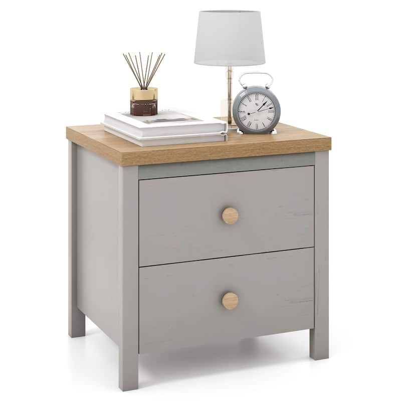 2-Drawer Wooden Nightstand Bedside Table with Storage for Bedroom or Living Room Use - Grey