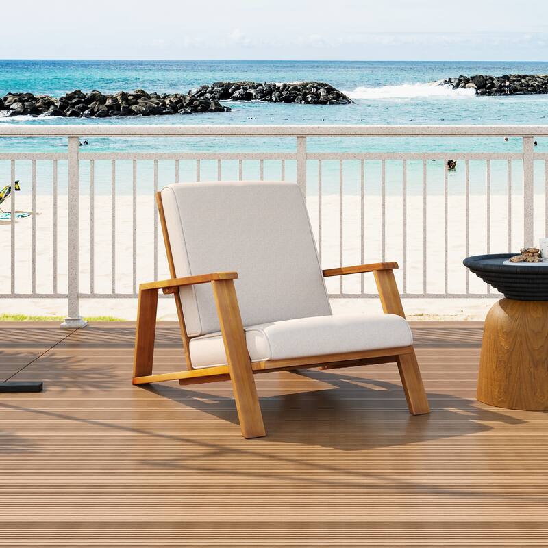 Outdoor Patio Lounge Chair‌ – Wood Frame Club Chair with Plush Cushion, Ideal for Decks & Gardens -  Teak+ Beige