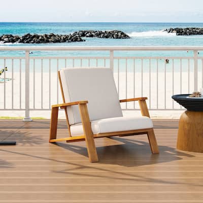 Outdoor Patio Lounge Chair‌ – Wood Frame Club Chair with Plush Cushion, Ideal for Decks & Gardens