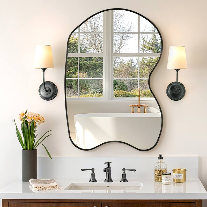 Irregular Aluminum Alloy Framed Asymmetrical Wall Mirror with Functional Charm - Black - 20x32