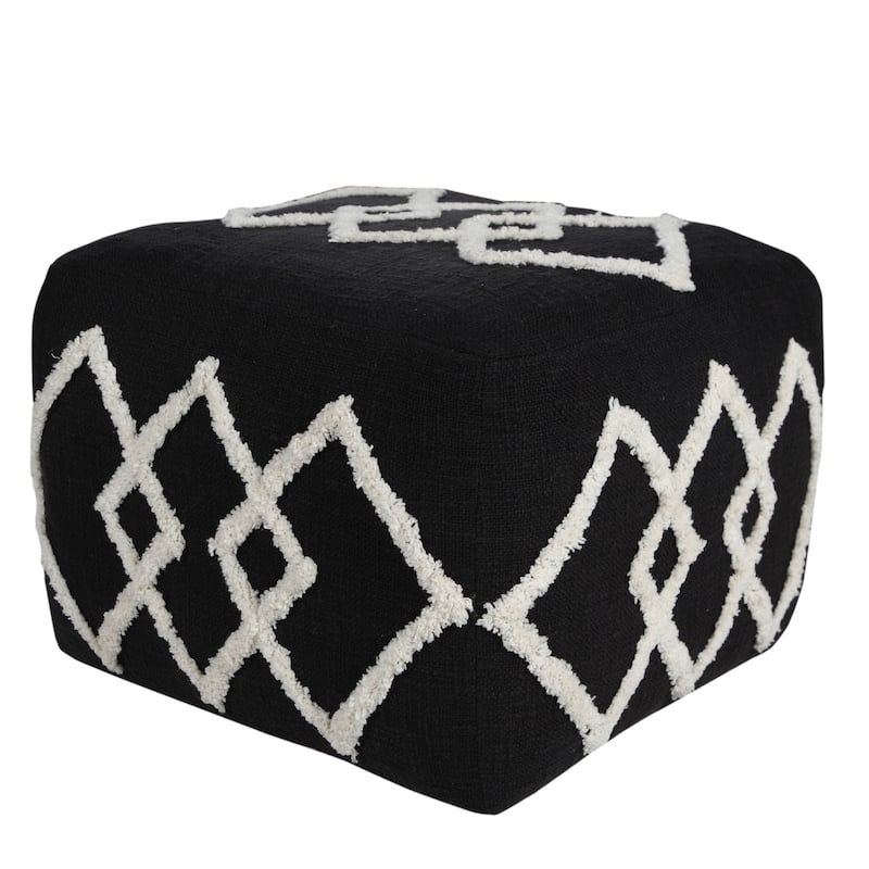 18" Black Cotton Geometric Pouf Ottoman for Living Room or Bedroom Decor
