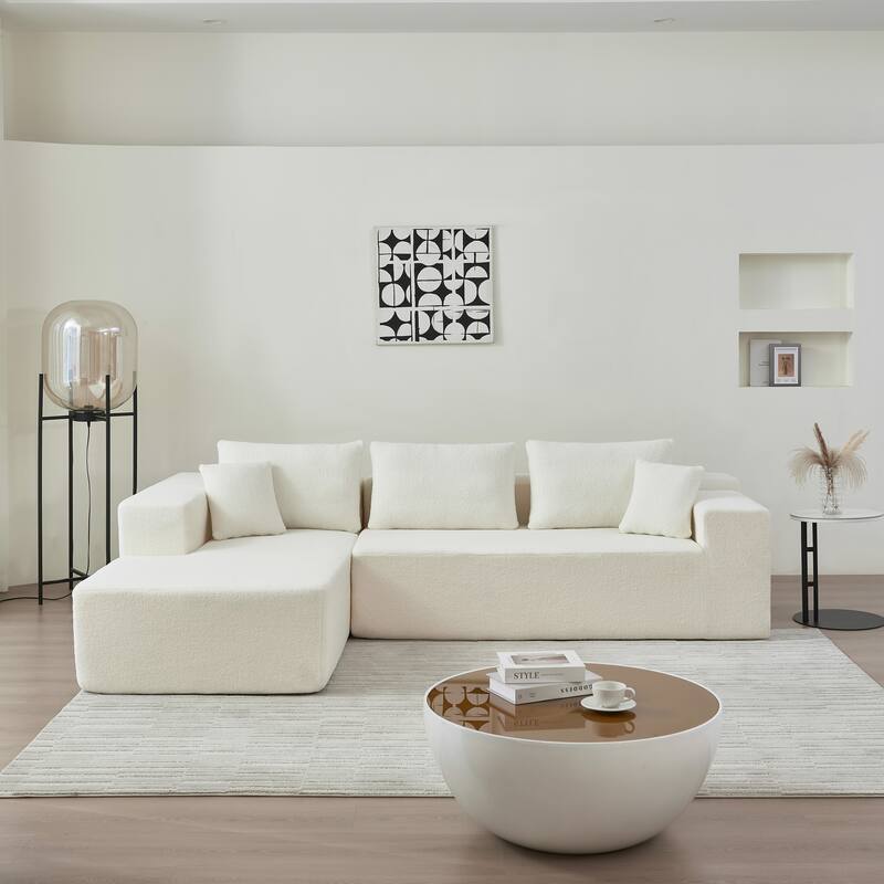 L-Shaped Modern Lambskin Fabric Upholstered Corner Cloud Sofa (Pure Sponge) - White