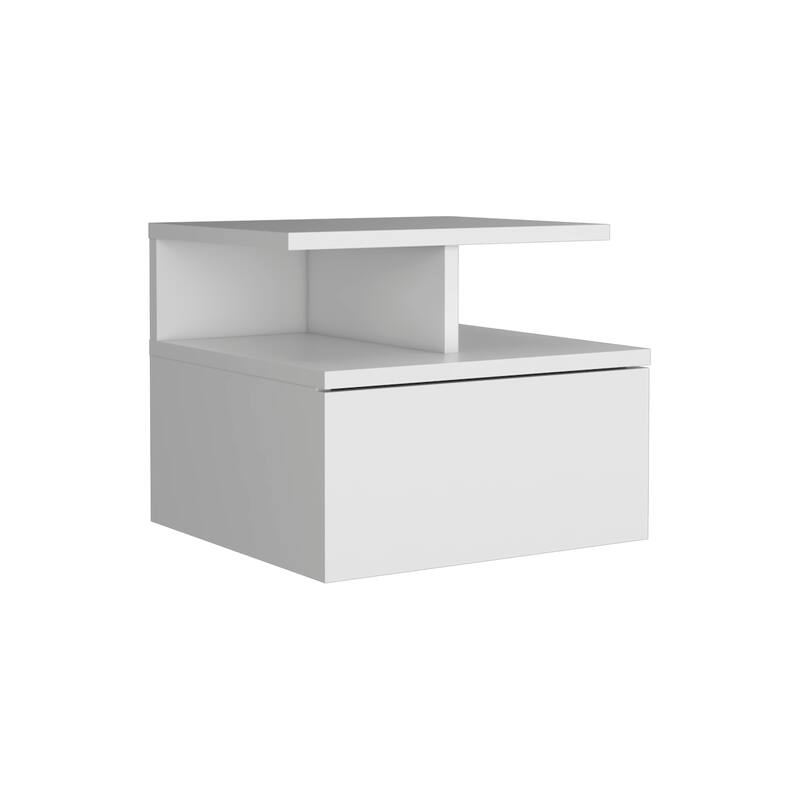White Floating Nightstand, Wall-Mounted End Table with Storage Drawer & Open Shelf