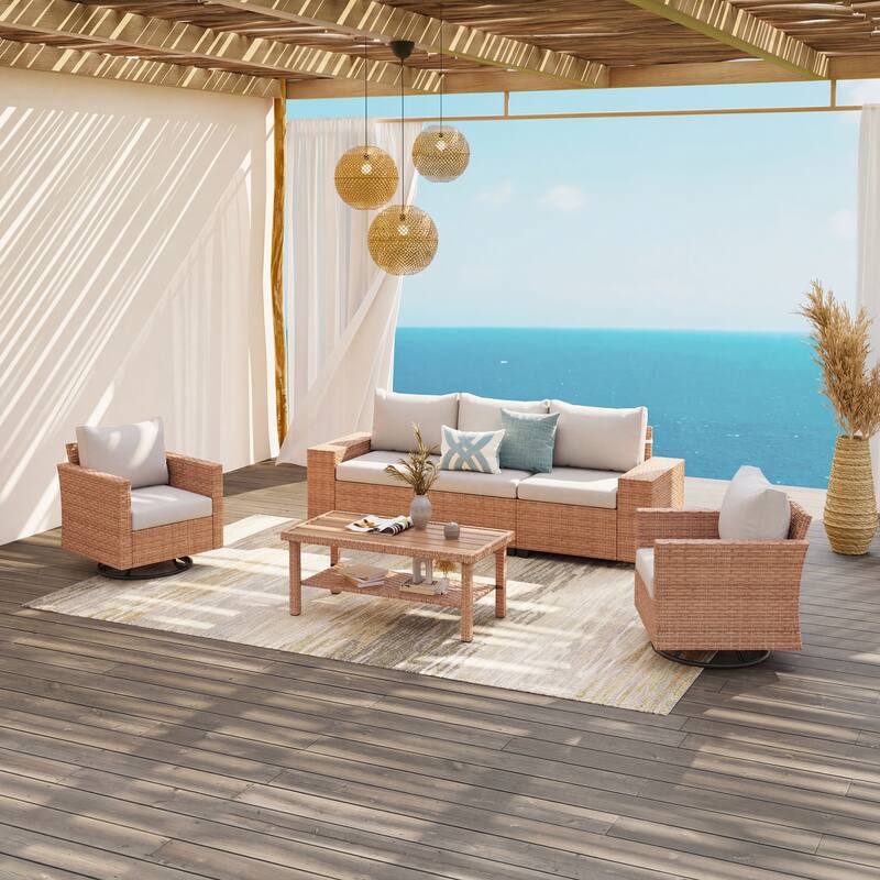 Outdoor Conversation Set 4-Piece with Swivel Chair and 3-Seater Sofa with Cushion and Coffee Table PE Wicker Rattan