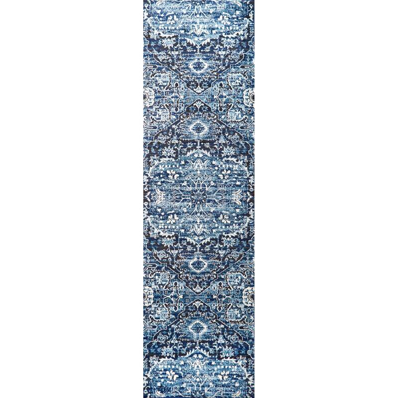 Alora Decor Swagger Ivory, Blue, and Black Persian-style Medallion Rug - 2'3" x 7'7" - Light Blue/Ivory