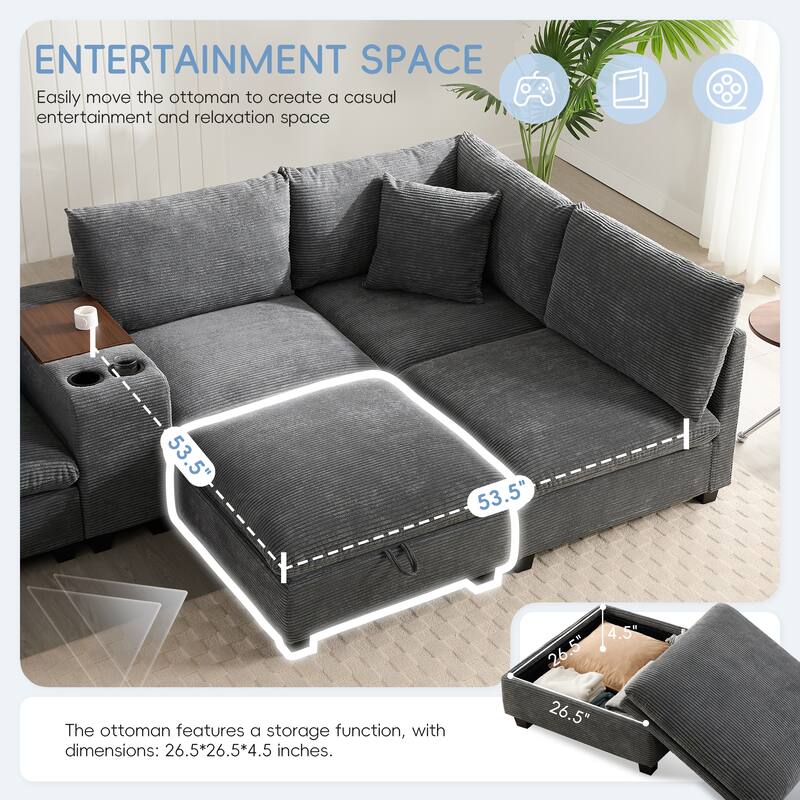 140" Corduroy U-Shaped Modular Sectional Sofa with Storage & USB