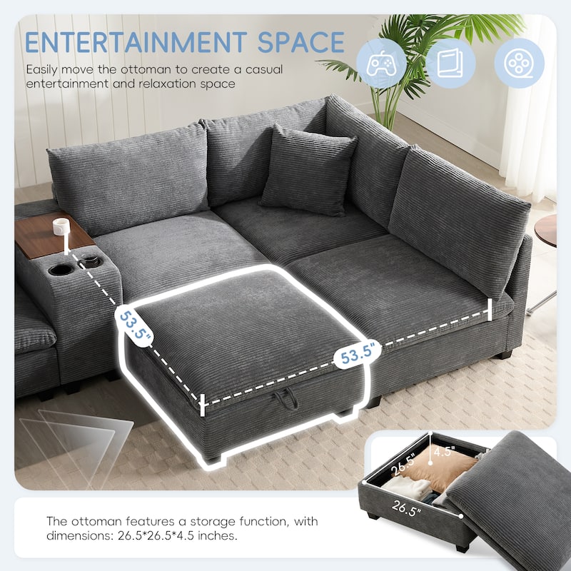 U-Shaped Chenille Upholstered Storage Sofa w/ Ottoman, Cup Holder, USB