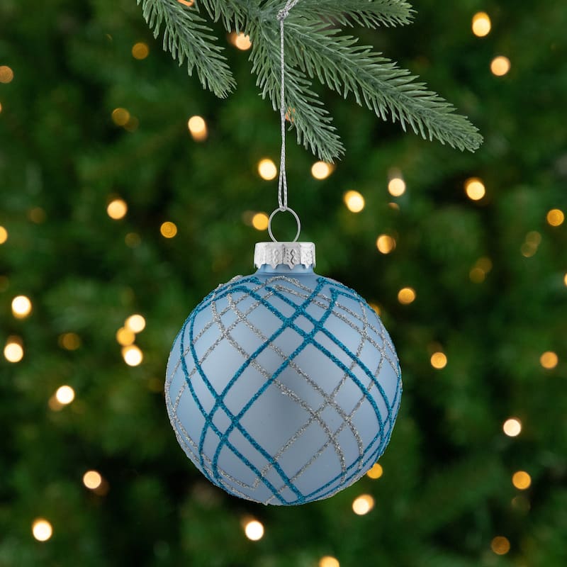 4ct Blue Silver Plaid Glitter Glass Christmas Ornament Set 2.75"
