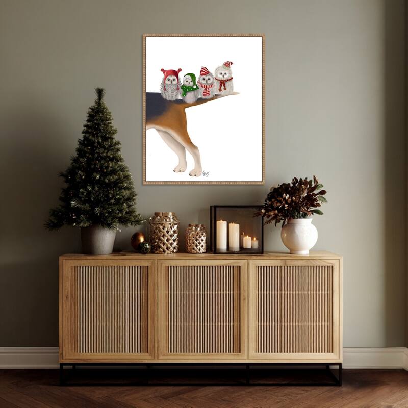 Christmas Bummer Owls by Fab Funky (23 x 28 in.), Framed Canvas Wall Art Print - Sylvie Beaded Rustic Natural