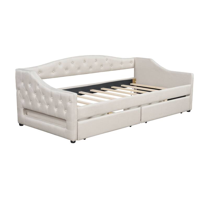 Upholstered Twin XL Size Daybed with LED Belt and 2 Drawers, Gray