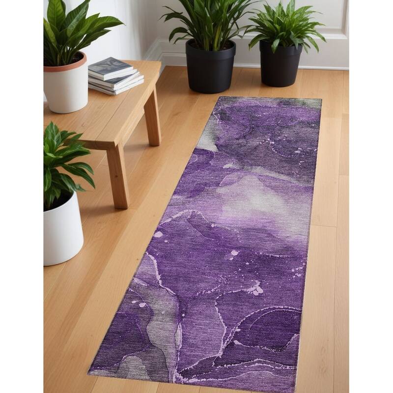 Almisi Artistic Abstract Weather Resistant Blended Style Outdoor Rug - 8' Runner - Purple