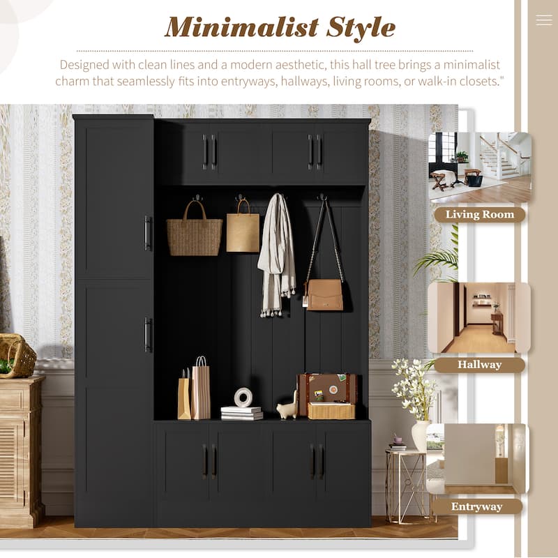 79" Modern Hall Tree with Shoe Storage, 4-in-1 Entryway Bench with 4 Coat Hooks & Adjustable Shelf Mudroom Wood Storage Cabinet