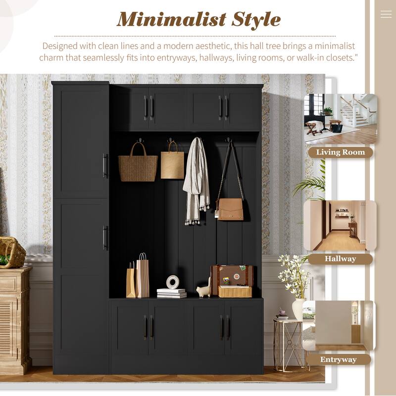 79" Tall Modern Hall Tree with 6 Cabinets, 4 Coat Hooks & Adjustable Shelf - 4-in-1 Entryway Storage Bench