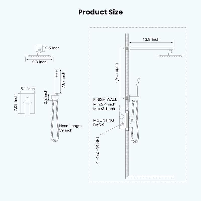 Rainfall Shower System, Dual Heads, Rain Shower Head and Handle Set Wall Mounted, High Pressure, Shower Faucet & Body Jets