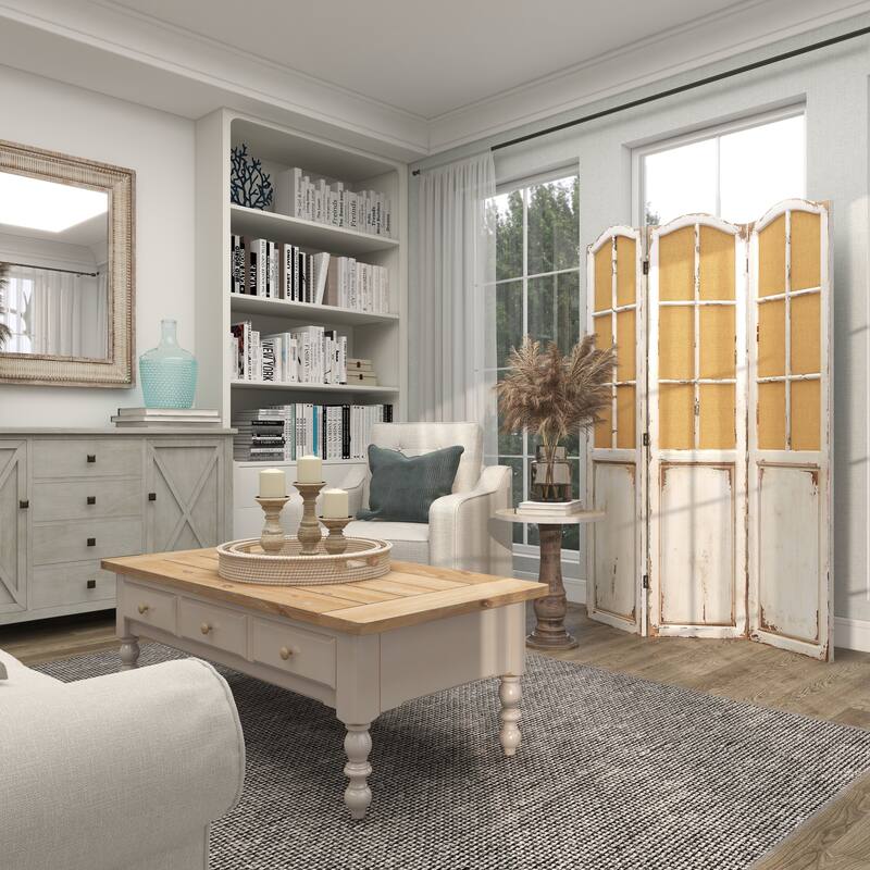 Beige Wood Hinged Foldable Partition 3 Panel Partition Room Divider Screen with Burlap Window Pane Design