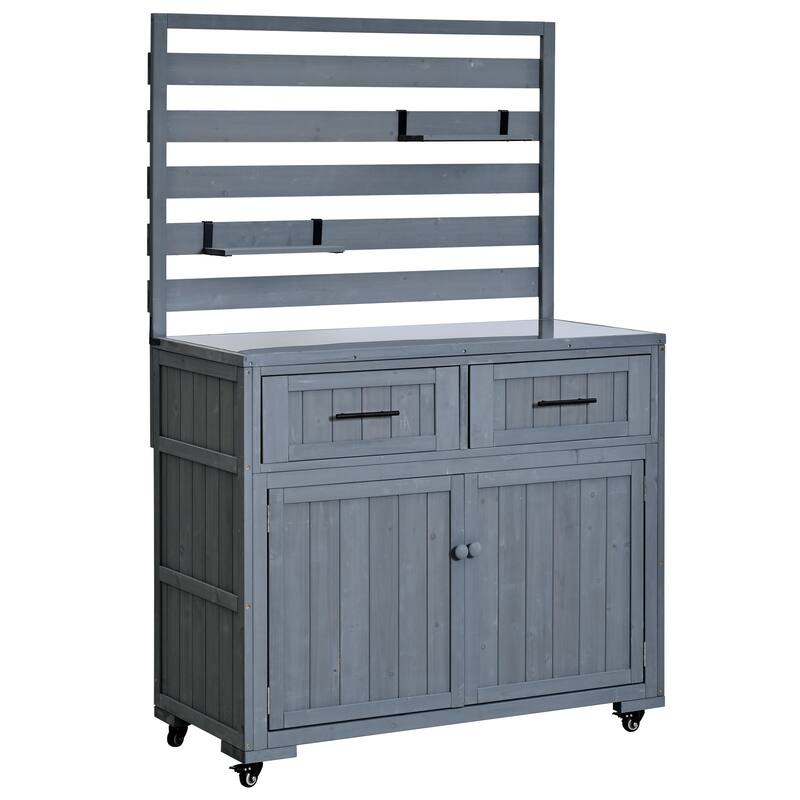 Solid Wood 64.9''Tall Outdoor Kitchen Island Kitchen Cart, Garden Potting Bench with Stainless Table Top for BBQ