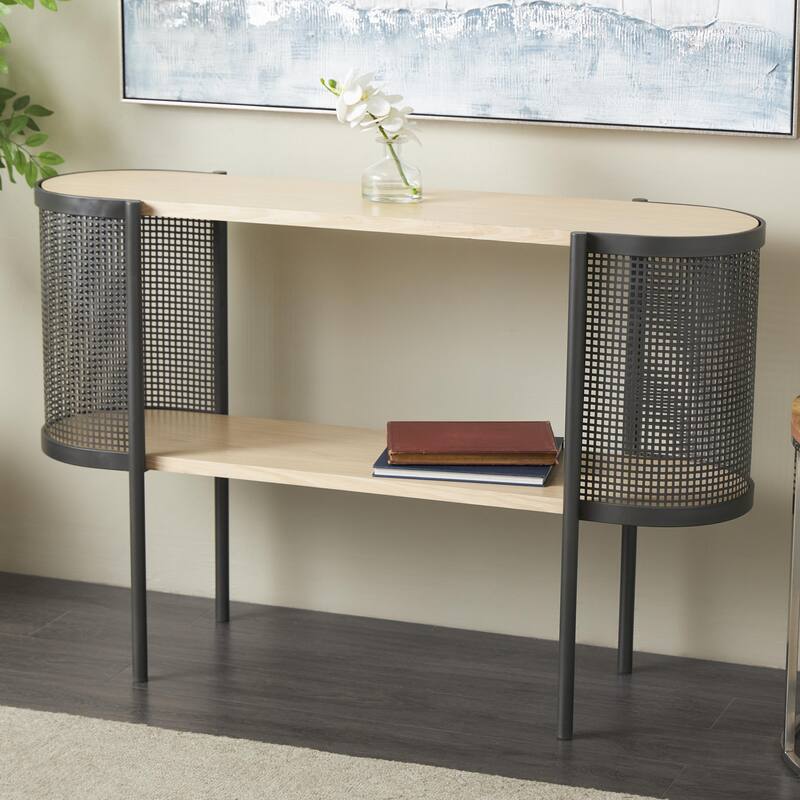 Light Brown Wooden Oval Two-Toned 1 Shelf Living Room Console Table with Mesh Side Panels and Brown Wood Tabletop - Light Brown