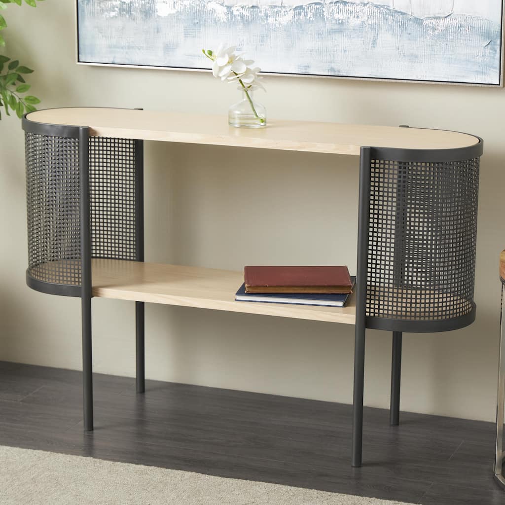 Light Brown Wooden Oval Two-Toned 1 Shelf Living Room Console Table with Mesh Side Panels and Brown Wood Tabletop