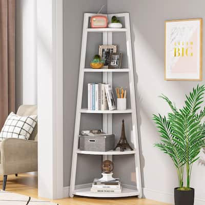 Brown/ Black Corner Ladder Shelf,5 Tier Corner Bookshelf Bookcase, White/ Gold 70 Inch Tall Display Rack for Small Space