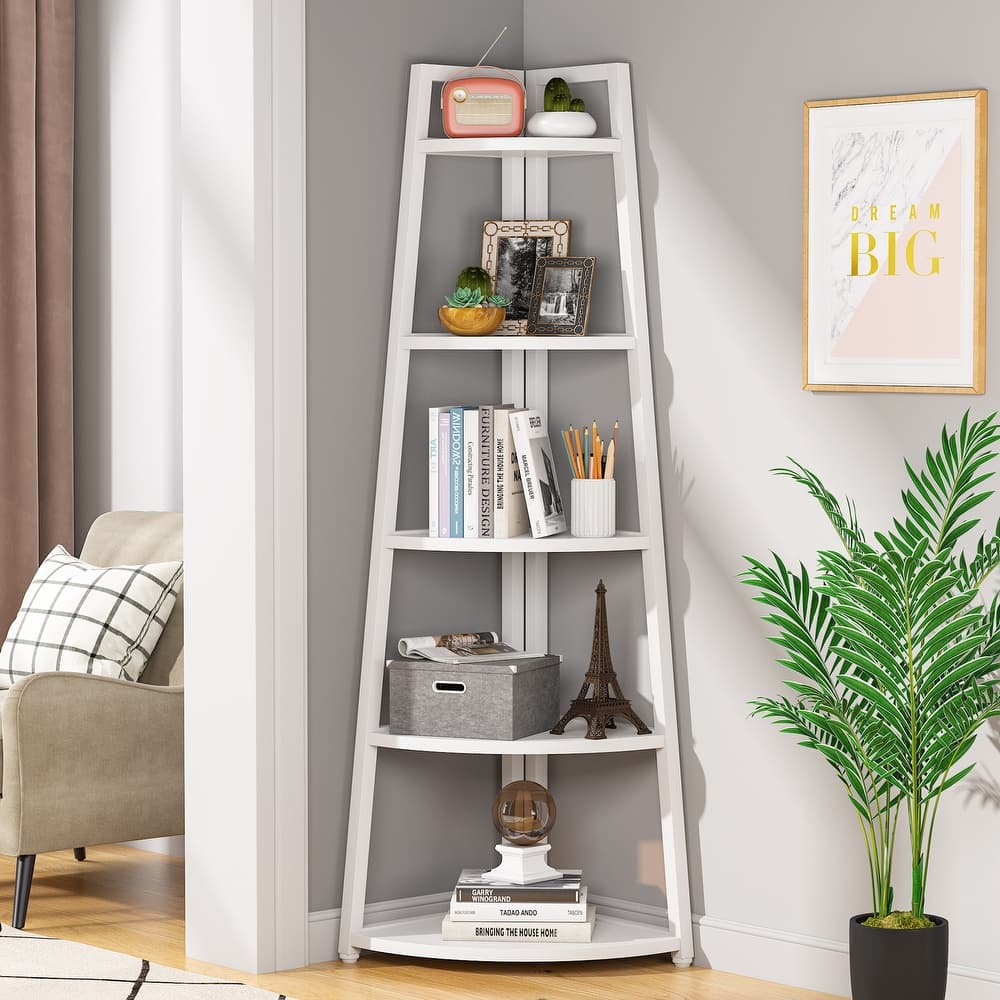 Brown/ Black Corner Ladder Shelf,5 Tier Corner Bookshelf Bookcase, White/ Gold 70 Inch Tall Display Rack for Small Space