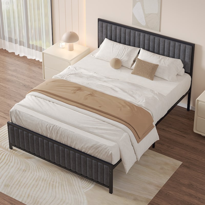 VECELO Upholstered Bed Frame with Tufted Headboard & Footboard Heavy Duty Steel Slats Platform No Box Spring Needed
