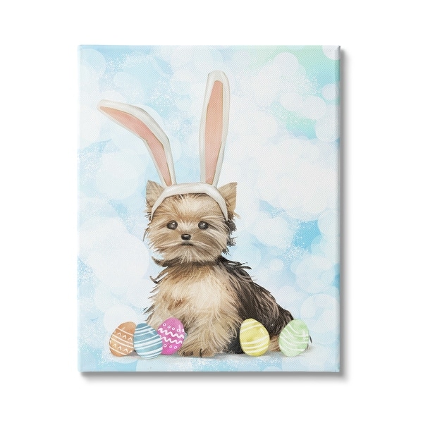 slide 1 of 10, Stupell Industries Easter Yorkie Puppy Bunny Ears Patterned Eggs Canvas Wall Art - Blue 24 x 30