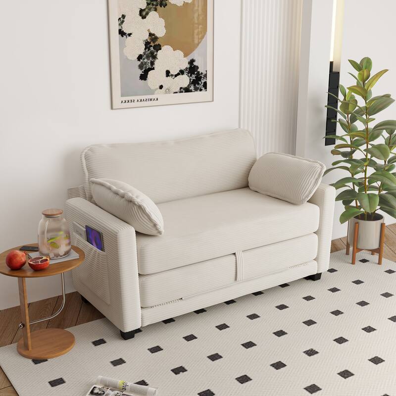 2-in-1 Convertible Corduroy Sofa Bed with Storage, High-Rebound Sponge & Solid Wood Frame