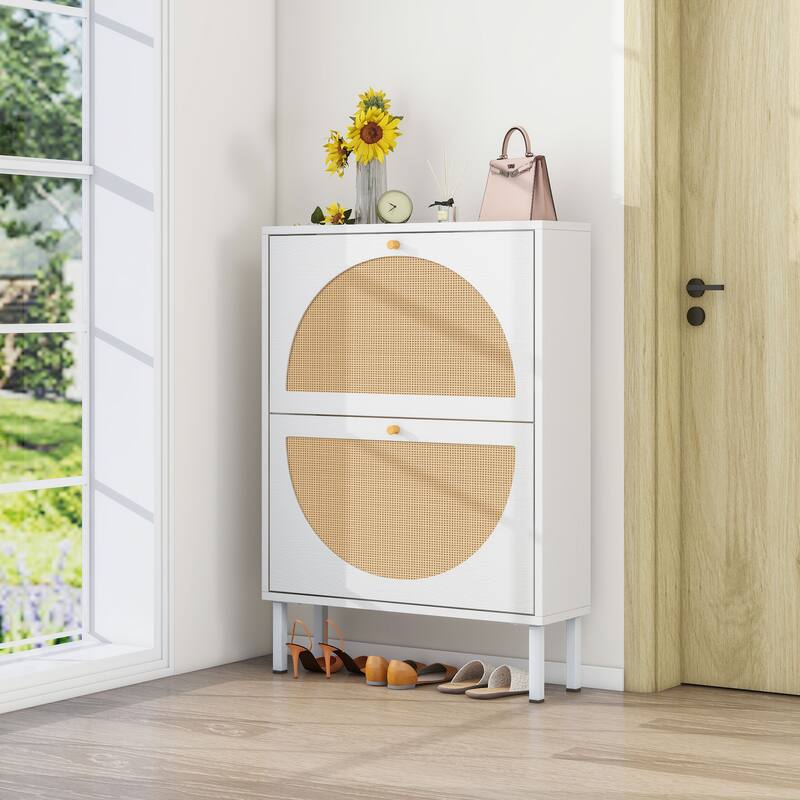 Rattan Shoe Cabinet with 2 Flip Drawer, Freestanding Entryway Organizer, Shoe Rack with Metal Legs for Living Room, Hallway - White