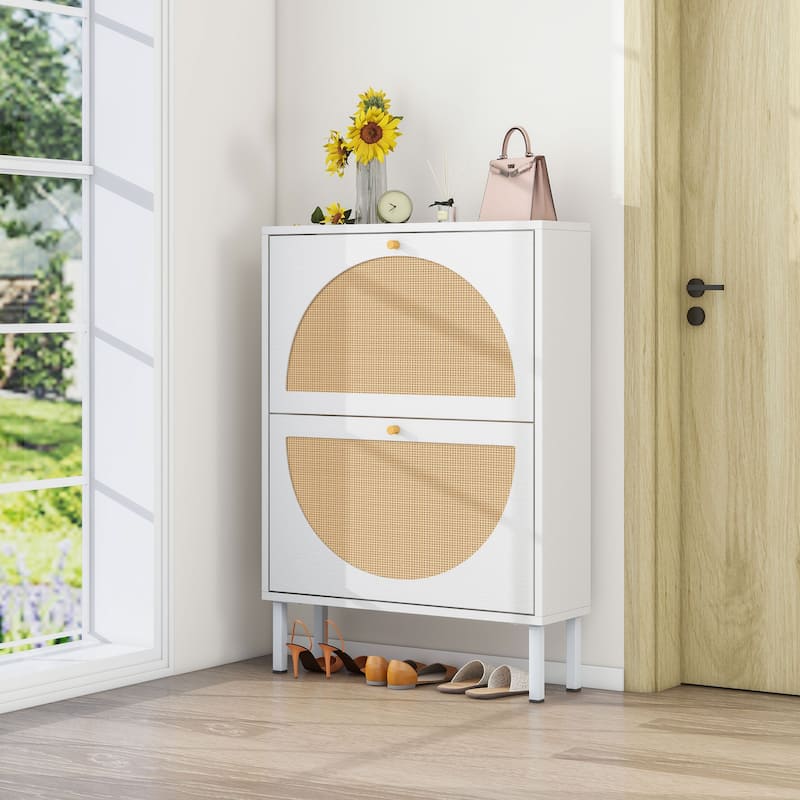 Roomfitters Rattan Shoe Cabinet, 2 Door Slim Shoe Storage Rack, Double Layer Entryway Organizer, White