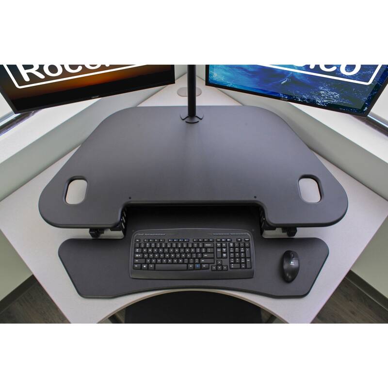 Rocelco 46 in. W Black Height Adjustable Corner Standing Desk Converter with Anti Fatigue Mat and Dual Monitor Riser Platform