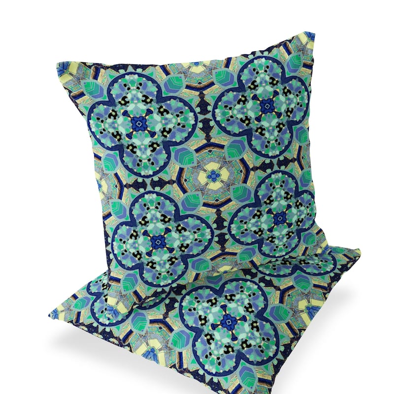 HomeRoots Set of Two 16" X 16" Blue and Green Blown Seam Floral Indoor Outdoor Throw Pillow - 16.00' X '16.00' X '5.00