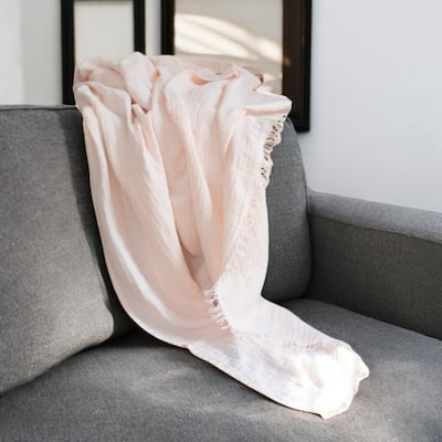 HomeRoots 47" X 60" Blush Cotton Woven Turkish Towel Throw Blanket with Fringe