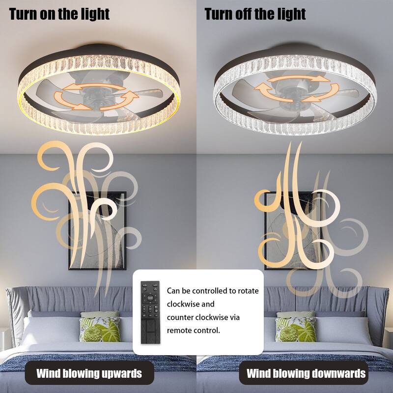 20" Brown Ceiling Fan with LED Light - Modern Flush Mount Fan Light for Bedroom, Living Room