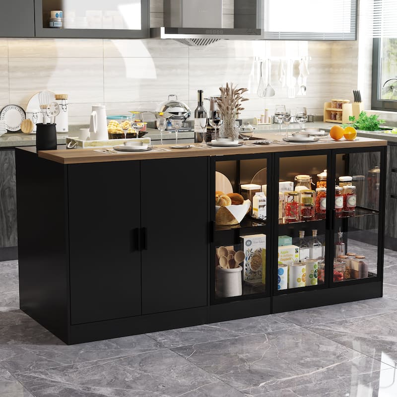 Kitchen Island with Drawers & Glass Cabinets, Converts to Office Desk