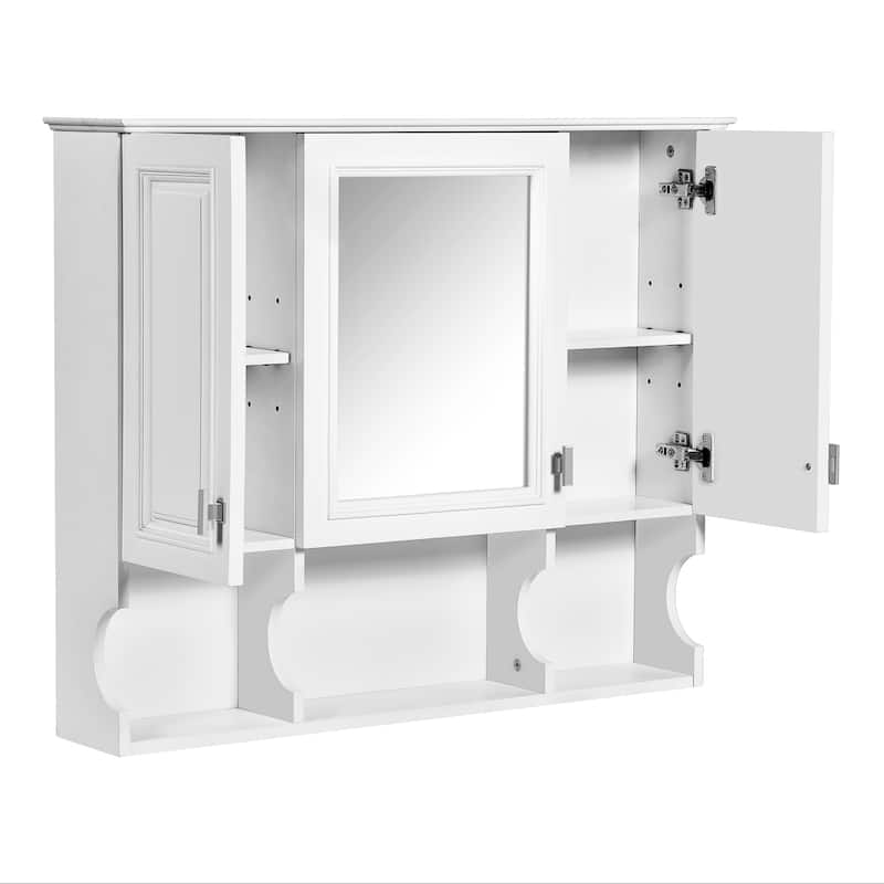 Bathroom Medicine Cabinet with Groove Design, Wall Cabinet with Mirror, Open Compartments of Curved Panls and Silver Handles