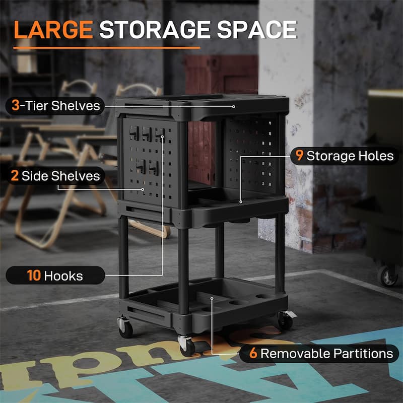 Three-Tier Mobile Rolling Tool Cart with Hooks and Storage Holes for Garage Workshop Organizer - 22.2" W x 18.7" D x 35" H