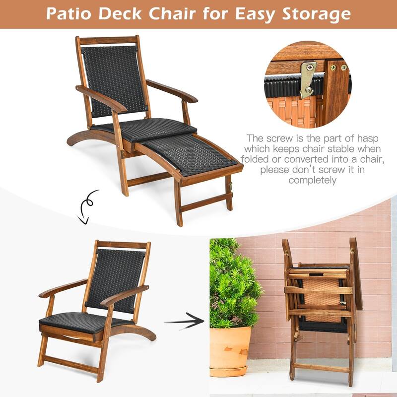 Patio Rattan Folding Lounge Chair with Acacia Wooden Frame Retractable Footrest - 24" x 51.5" x 32.5"(L x W x H)