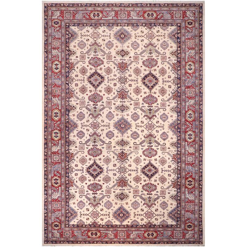Southwestern Super Kazak Eden Beige/Red Hand Knotted Wool Rug - 12'0'' x 16'0''