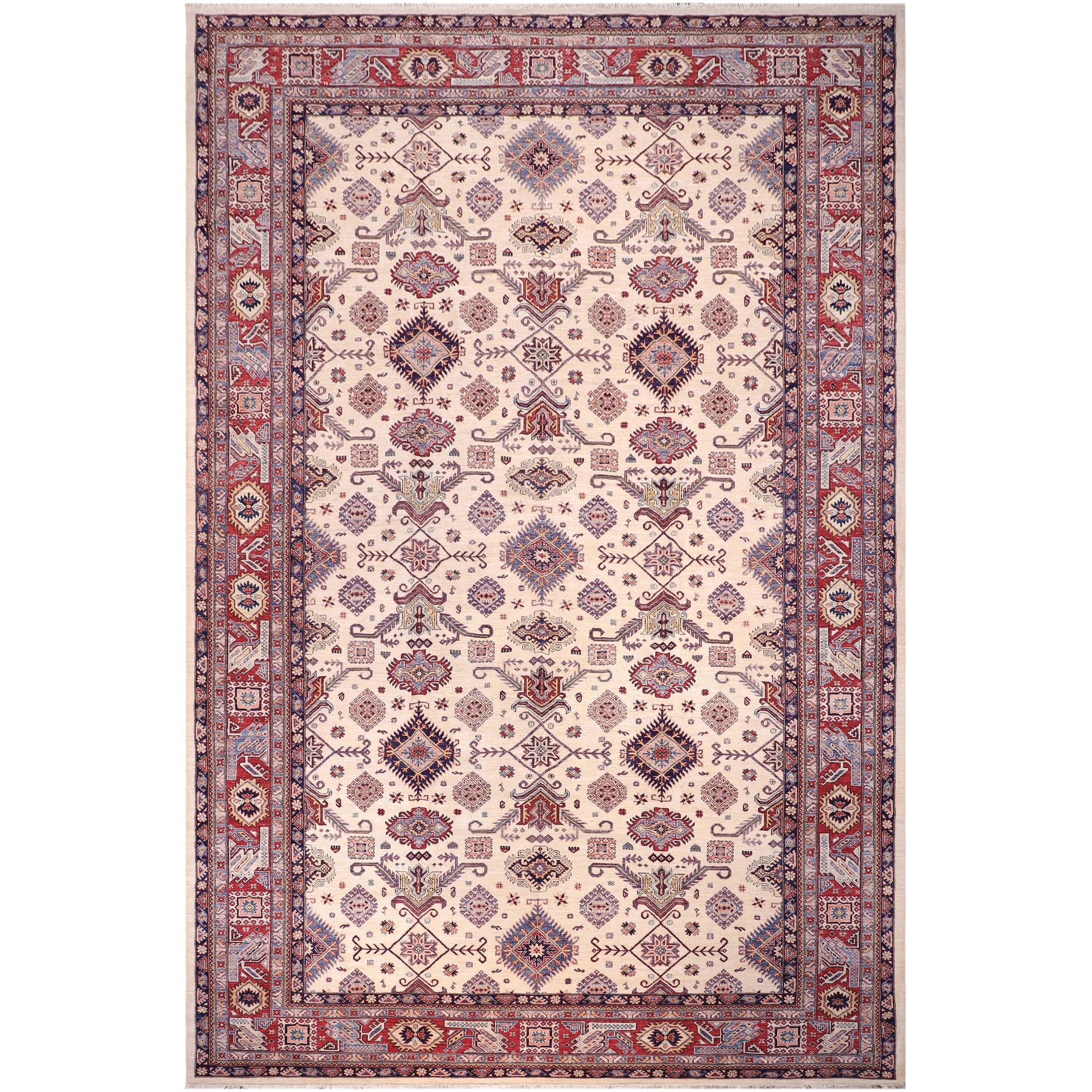Southwestern Super Kazak Eden Beige/Red Hand Knotted Wool Rug - 12'0'' x 16'0''