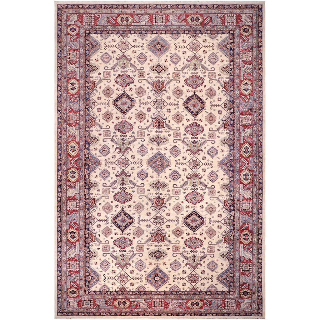 Southwestern Super Kazak Eden Beige/Red Hand Knotted Wool Rug - 12'0'' x 16'0''