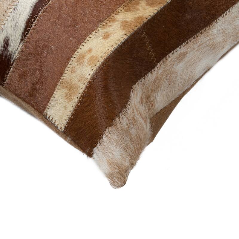 Set of Two 12" X 20" Brown and White Patchwork Cowhide Lumbar Throw Pillows