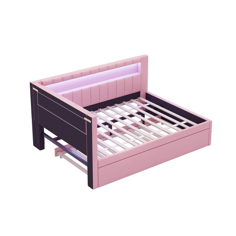 Full Size Upholstered Platform Bed with USB Ports and LED Belt, With Trundle