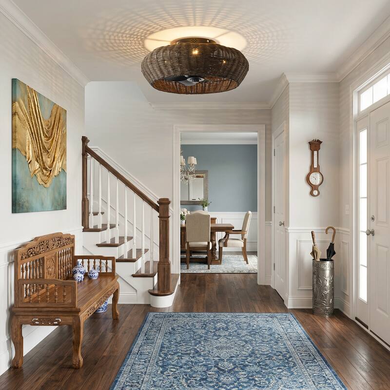 20-inch Boho Distressed Black Chandelier Flush Mount Ceiling Fan with Remote and Hand-Woven Rattan Shade - 19.7" W x 7.08" H