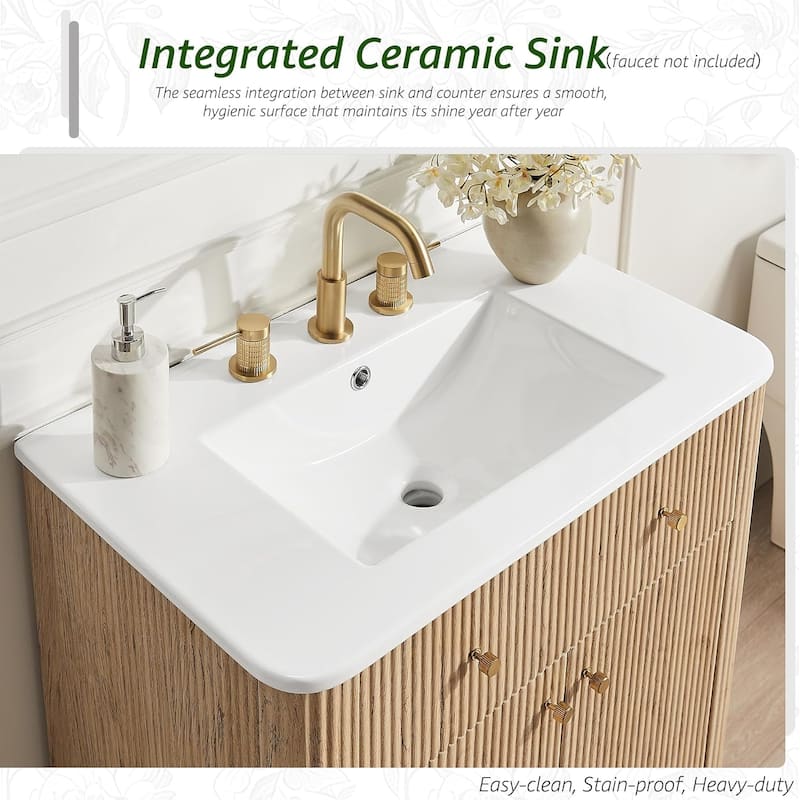 Fluted Bathroom Vanity with Sink, Storage Cabinet & Adjustable Shelf