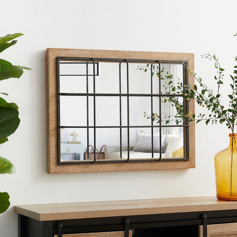 Glitzhome Set of 2 Farmhouse Wooden/Metal Windowpane Wall Mirrors Home Accents - 23.5"L x 31.5"H